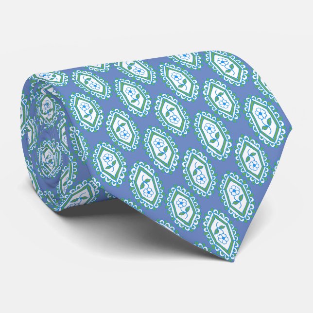 Chic Blue Vintage Periwinkle Floral Pattern Tie (Rolled)