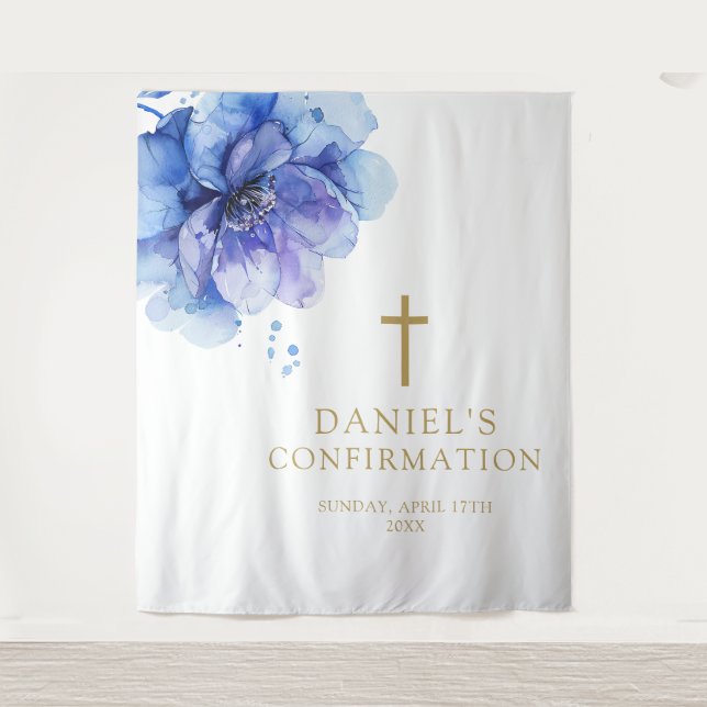 Chic Blue Watercolor Floral Confirmation Backdrop Tapestry (Front)