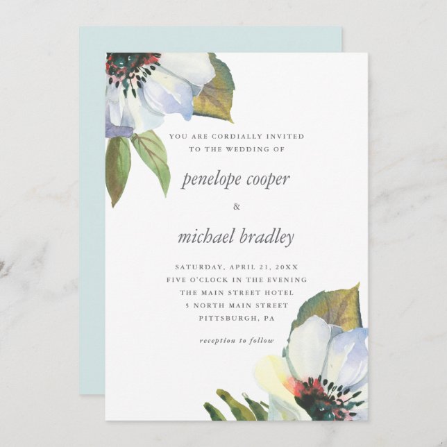 Chic Blue Watercolor Floral Wedding Invitation (Front/Back)