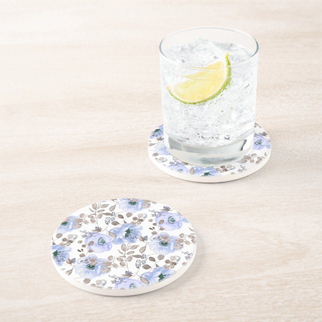 Chic Blue Watercolor Flowers  Coaster (Side)