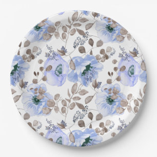 Chic Blue Watercolor Flowers Paper Plates