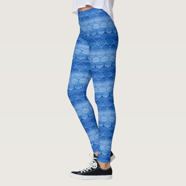 Chic Blue Watercolor Ogee Pattern Leggings (Left)