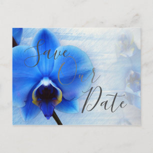 Chic Blue Watercolor Orchid Wedding Save Our Date Postcard