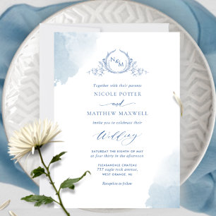 Chic, Blue Watercolor Stains, Monogram Wedding Invitation