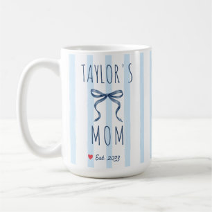 Chic Blue Watercolor Stripes and Bow Mama Custom Coffee Mug