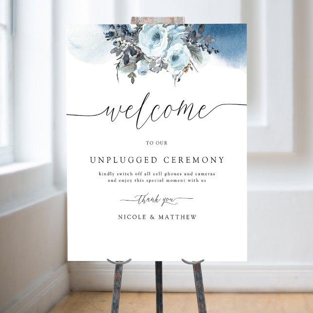 Chic, Blue Wedding Unplugged Ceremony Welcome Sign (Creator Uploaded)