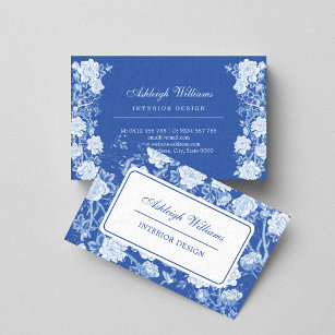 Chic Blue White Chinoiserie Flower Interior Design Business Card