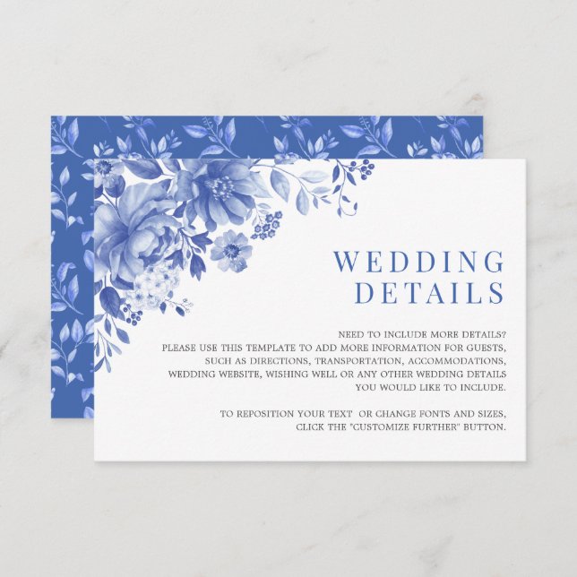 Chic Blue White Chinoiserie Garden Wedding Details Enclosure Card (Front/Back)