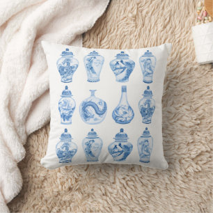 Chic Blue White Chinoiserie Porcelain Ginger Jars Cushion