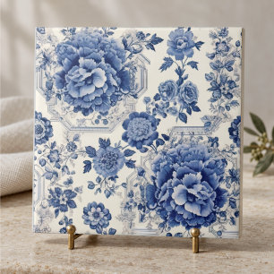 Chic Blue White Chinoiserie Toile Monogram Ceramic Tile