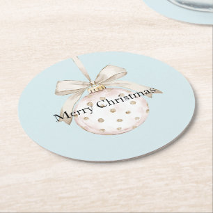 Chic Blue White Dots Bow Ornament Christmas Round Paper Coaster