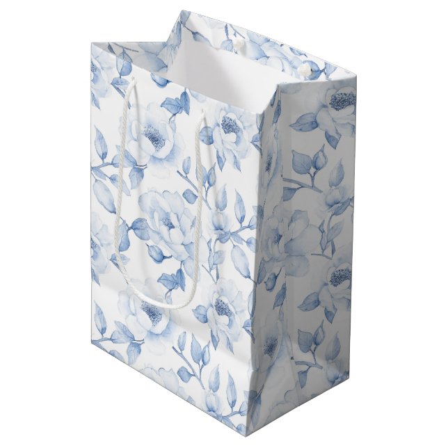 Chic Blue White Floral Bridal Shower Wedding Medium Gift Bag (Front Angled)