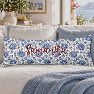 Chic Blue white floral chinoiserie toile monogram Body Cushion