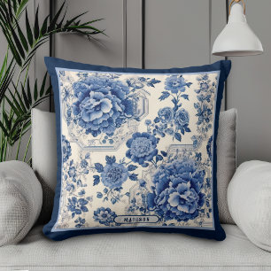 Chic Blue white floral chinoiserie toile monogram Cushion