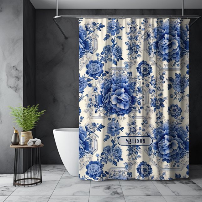Chic Blue white floral chinoiserie toile monogram Shower Curtain (Creator Uploaded)