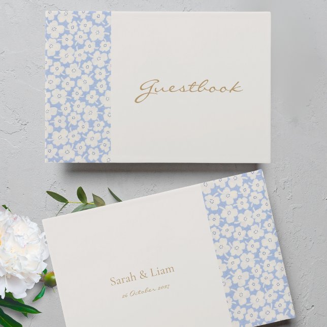 Chic Blue & White Floral Daisy Wedding Guest Book (Creator Uploaded)