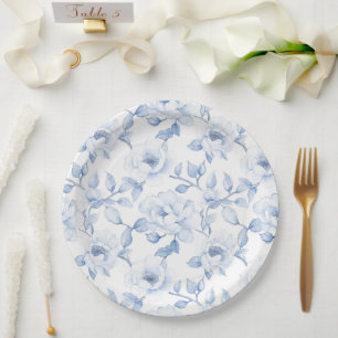Chic Blue White Floral Wedding Paper Plate