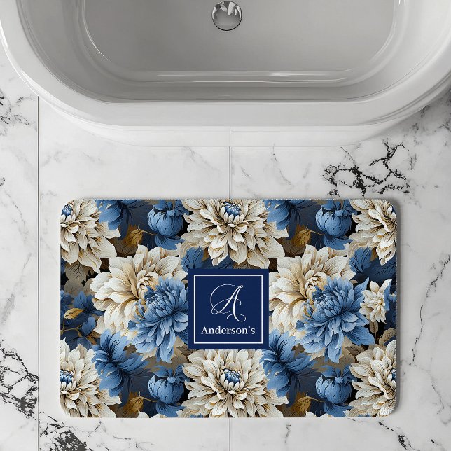 Chic Blue White Flowers Personalised Bath Mat (Chic Blue White Flowers Personalized Bath Mat)