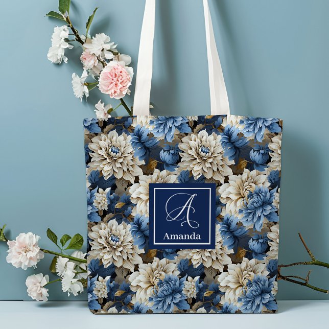 Chic Blue White Flowers Personalised Tote Bag (Chic Blue White Flowers Personalized Tote Bag)