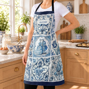 Chic Blue white frames toile de jouy monogram Apron