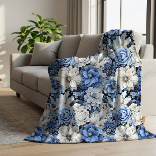 Chic Blue White Ivory Floral Cosy Soft Fleece   Sherpa Blanket