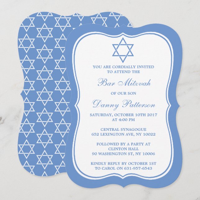 Chic Blue & White Jewish Star Of David Bar Mitzvah Invitation (Front/Back)