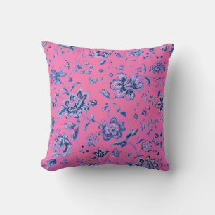 Chic Blue White Pink Floral Tapestry Throw Pillow