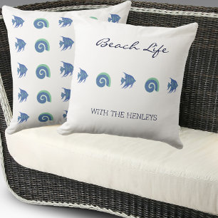 Chic Blue White Shells and Fish Family Beach House Cushion