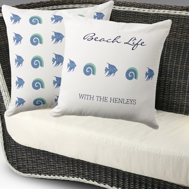 Chic Blue White Shells and Fish Family Beach House Cushion (Creator Uploaded)