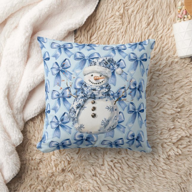 Chic Blue White Snowman Christmas Cushion (Blanket)