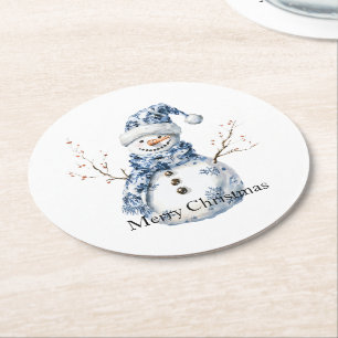 Chic Blue White Snowman Christmas Round Paper Coaster