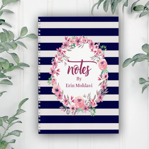 Chic Blue & White Striped  Floral Frame Journal/ Notebook