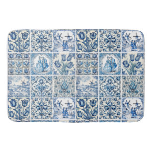 Chic Blue white toile de jouy Dolls and flowers  Bath Mat