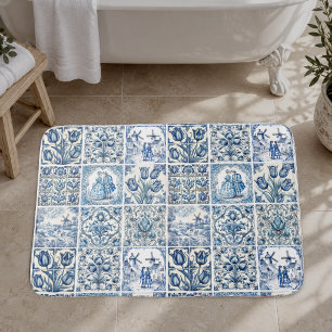 Chic Blue white toile de jouy Dolls and flowers Bath Mat