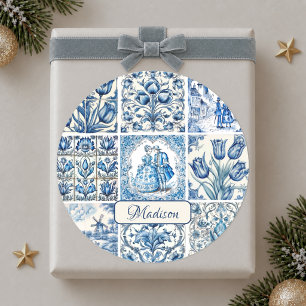 Chic Blue white toile de jouy Dolls and flowers Classic Round Sticker