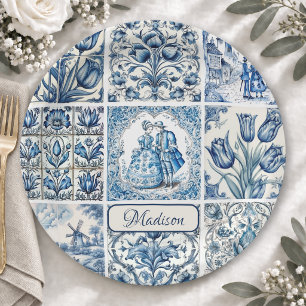 Chic Blue white toile de jouy Dolls and flowers Paper Plate