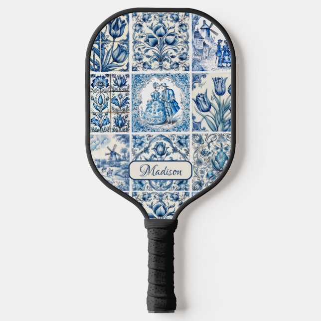 Chic Blue white toile de jouy Dolls and flowers  Pickleball Paddle (Front)