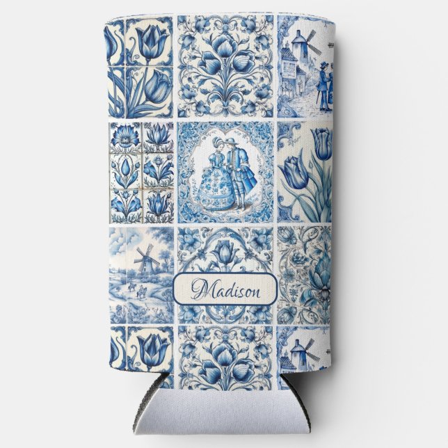 Chic Blue white toile de jouy Dolls and flowers  Seltzer Can Cooler (Front)