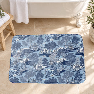 Chic Blue white willow chinoiserie cottage Bath Mat