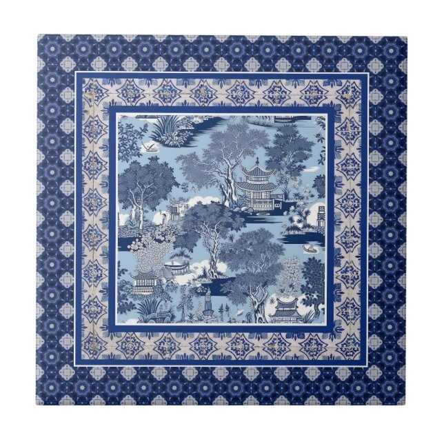 Chic Blue white willow chinoiserie toile monogram Ceramic Tile (Front)