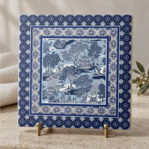 Chic Blue white willow chinoiserie toile monogram Ceramic Tile
