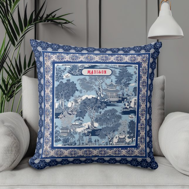 Chic Blue white willow chinoiserie toile monogram Cushion (Creator Uploaded)