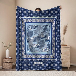 Chic Blue white willow chinoiserie toile monogram Fleece Blanket