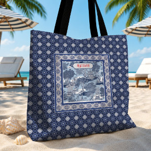 Chic Blue white willow chinoiserie toile monogram Tote Bag