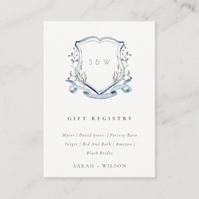 Chic Blue Wildflower Crest Wedding Gift Registry Enclosure Card (Front)