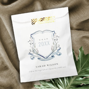 Chic Blue Wildflower Watercolor Crest Graduation Favour Bag