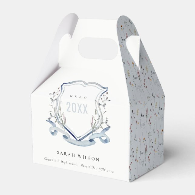 Chic Blue Wildflower Watercolor Crest Graduation  Favour Box (Front Side)