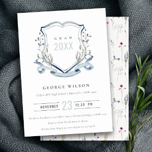 Chic Blue Wildflower Watercolor Crest Graduation Invitation