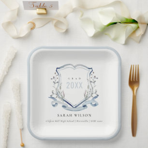 Chic Blue Wildflower Watercolor Crest Graduation Paper Plate