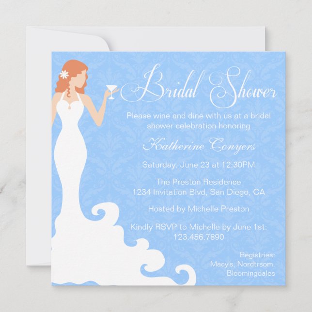 Chic Blue Wine Damask Bridal Shower Invitation (Front)